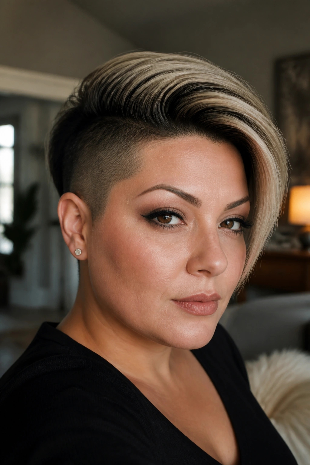 Close-up of a real woman with an undercut pixie and swept-over top hairstyle