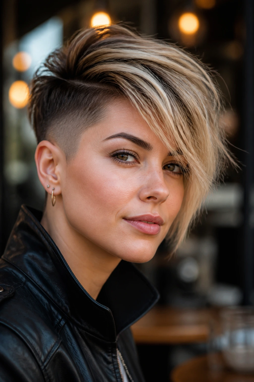 Close-up of a real woman with an undercut pixie and long swingy top