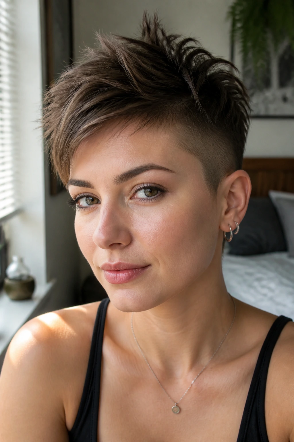 Close-up of a real woman with a piecey undercut pixie, showing shaved sides and textured top.