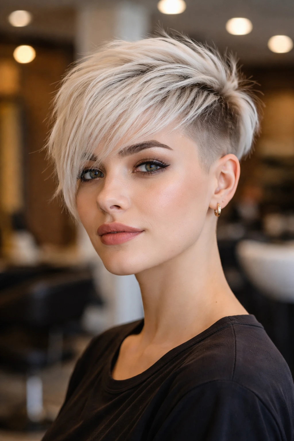 Close-up portrait of a real person with an undercut pixie and textured fringe in a stylish salon