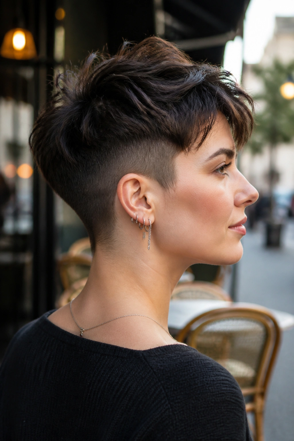 Portrait of a real person with an undercut pixie highlighting the nape shave.