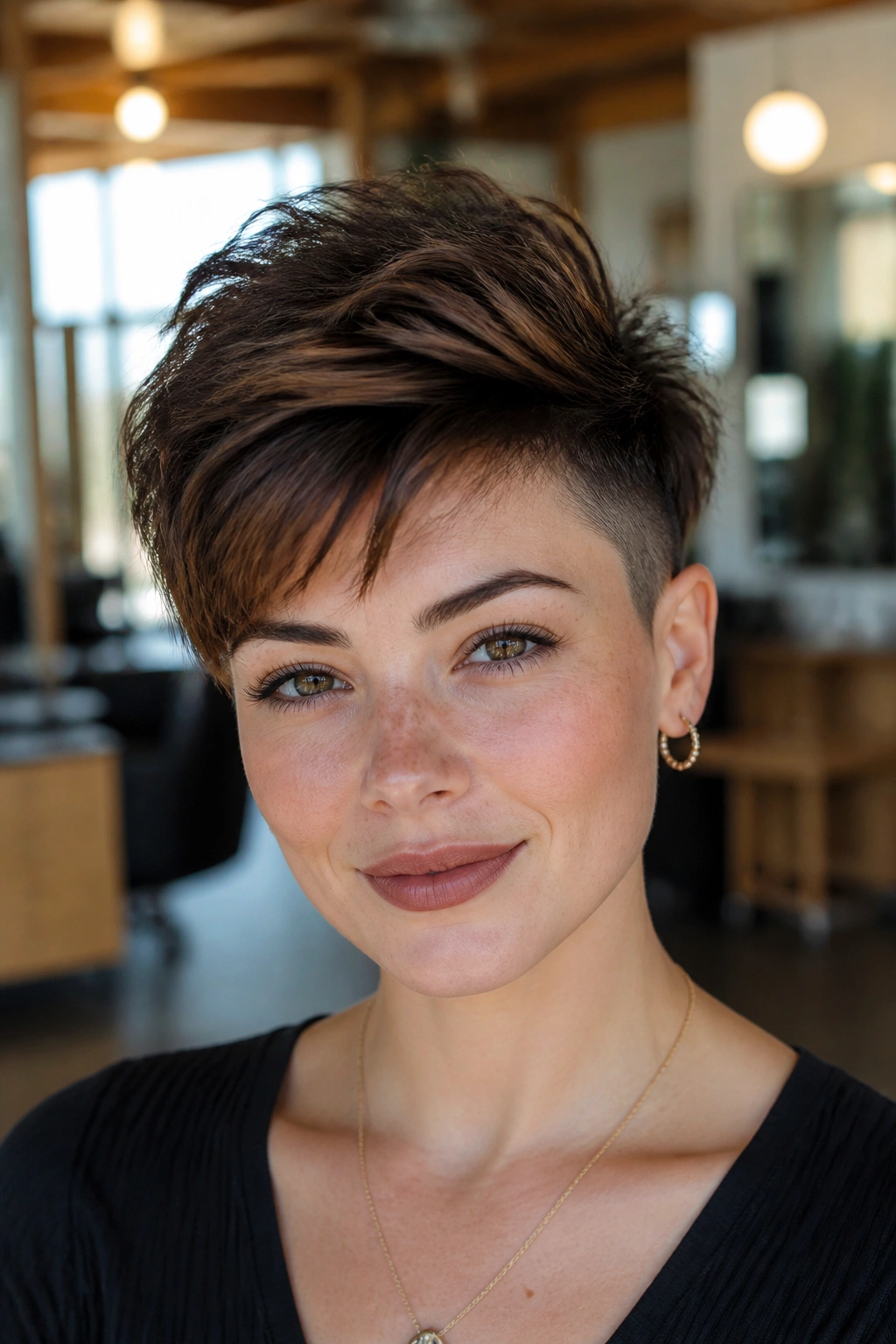 Close-up of a real woman with an undercut pixie for thick hair
