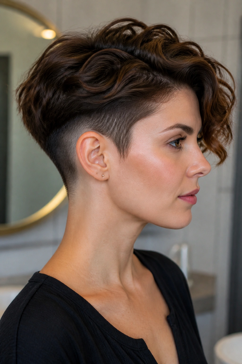 Close-up of a real woman with an undercut pixie and thick waves showing bold contrast