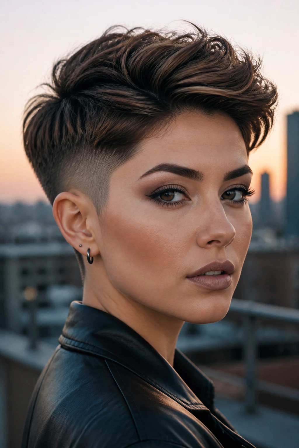Close-up of real woman with undercut pixie showing full top and shaved sides