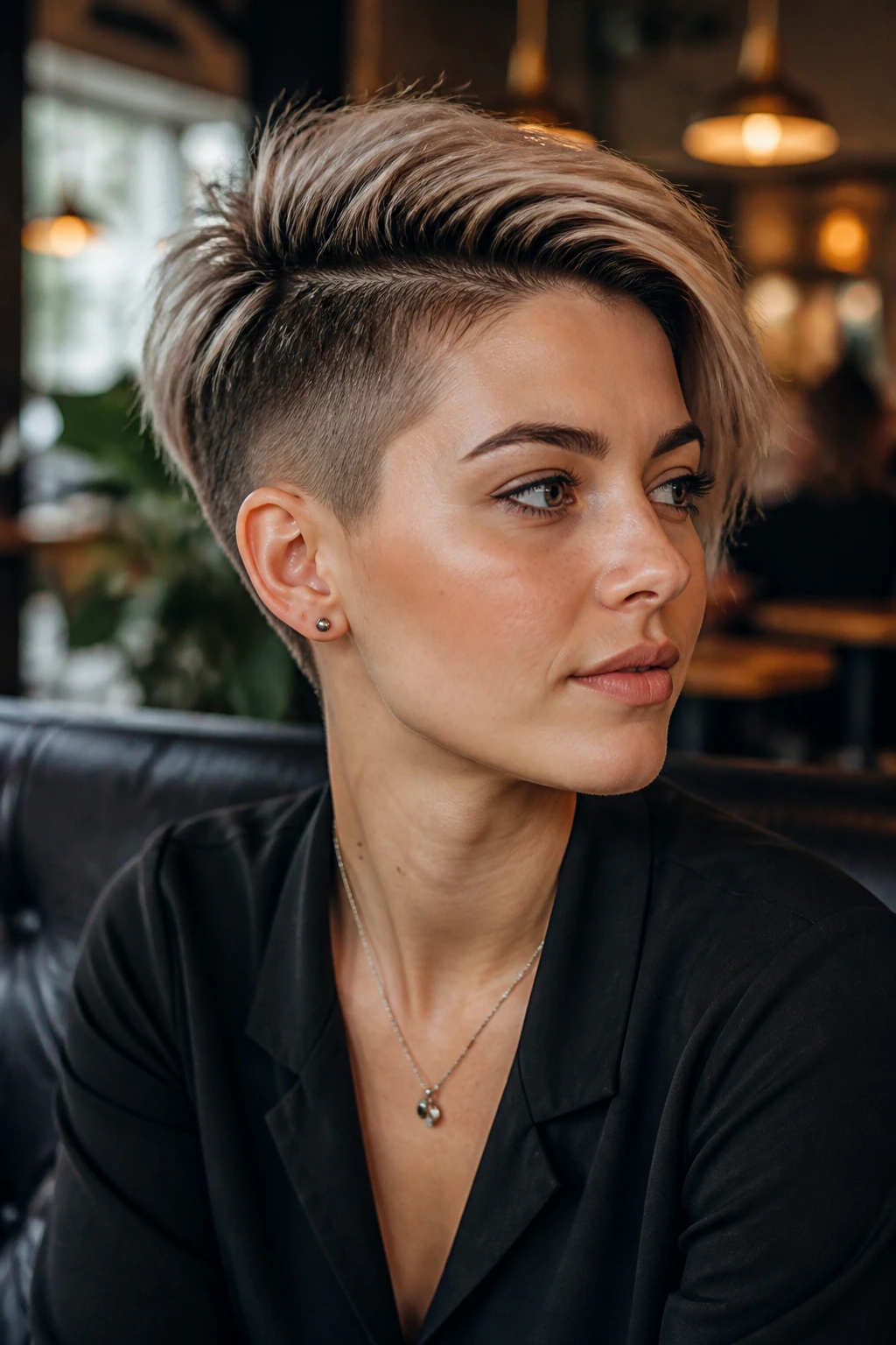 Close-up portrait of a real person with an undercut pixie and full top