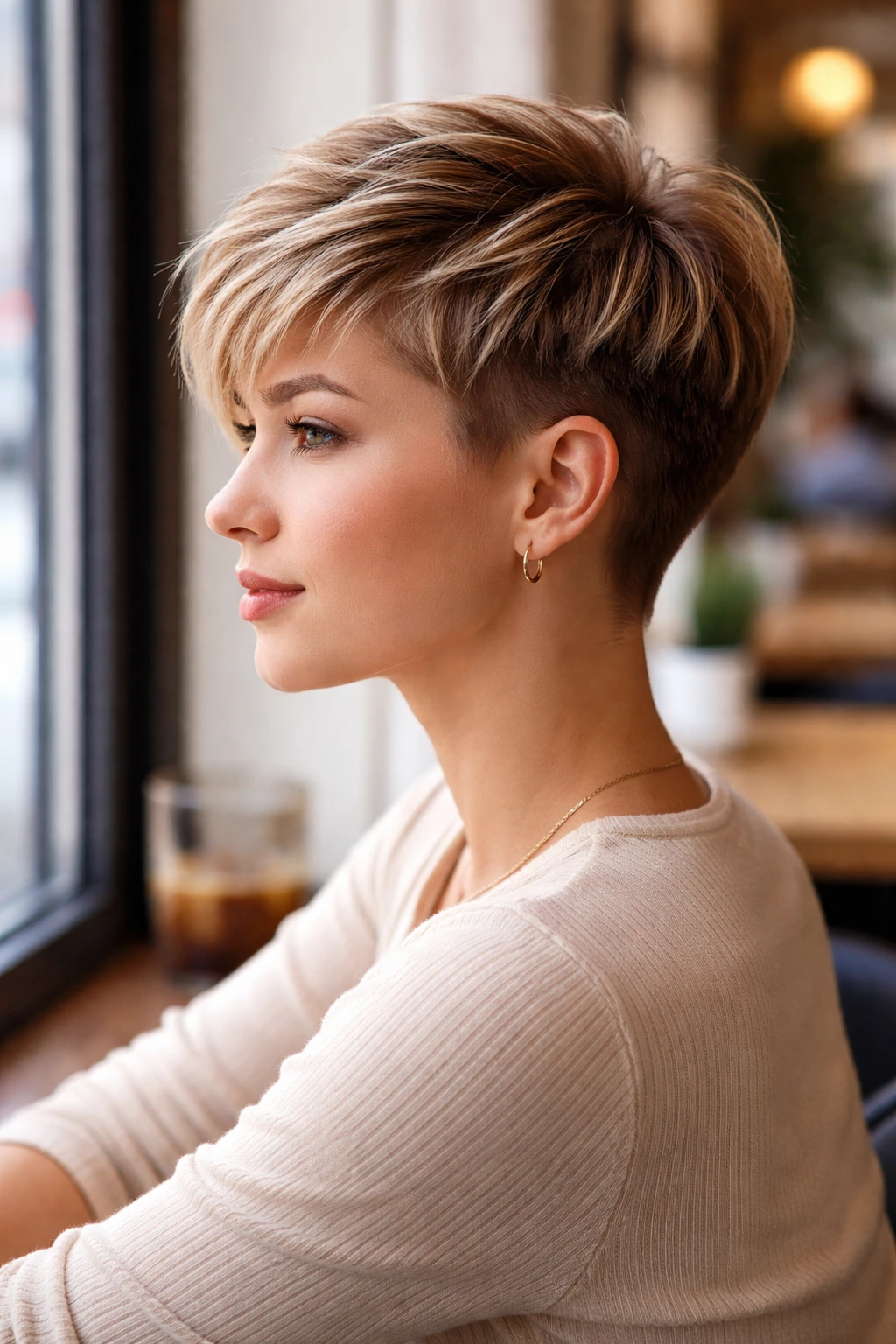 Close-up of a real woman with an undercut pixie, contrasting shaved nape and longer top.