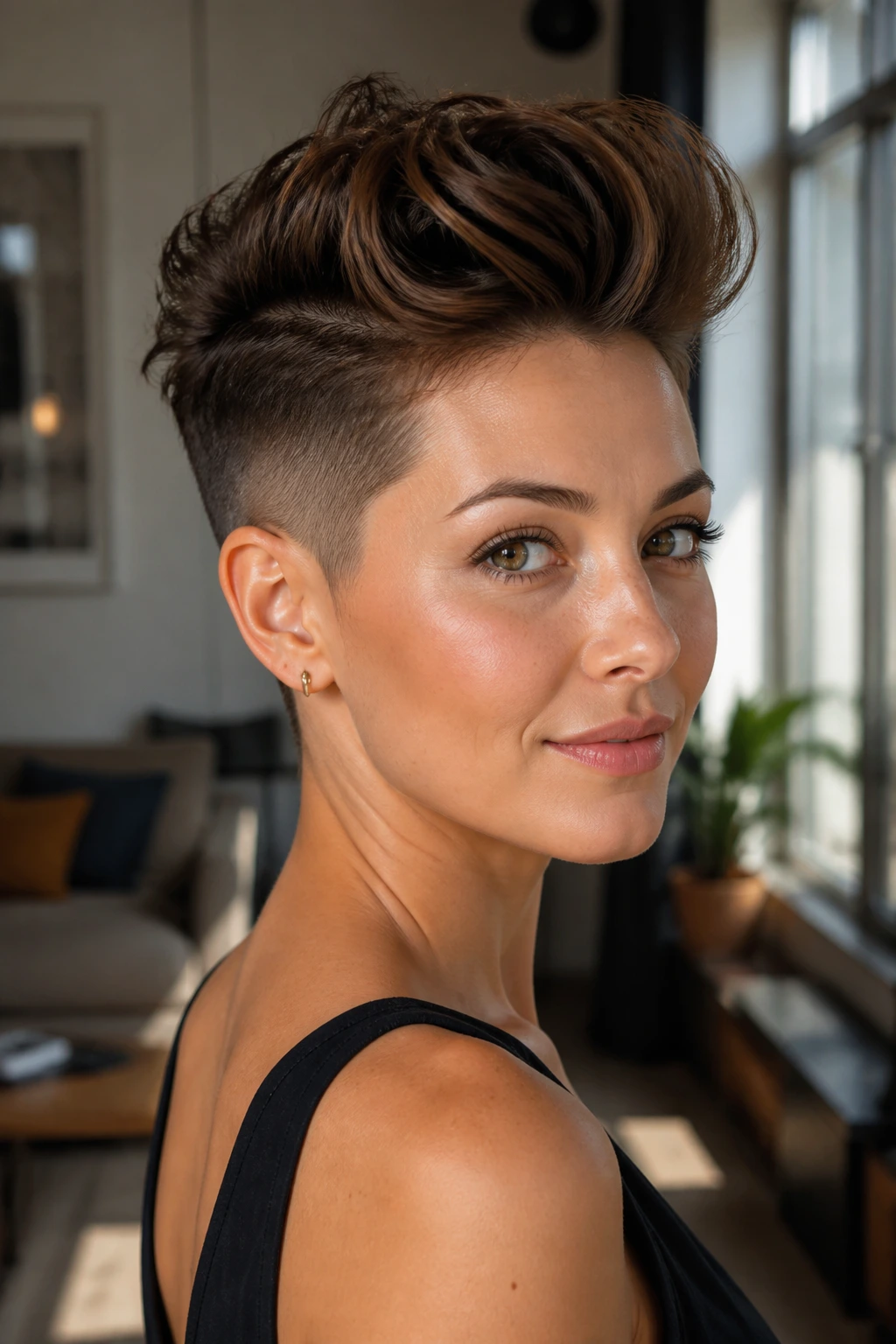 Close-up portrait of a real woman with an undercut long pixie and voluminous top