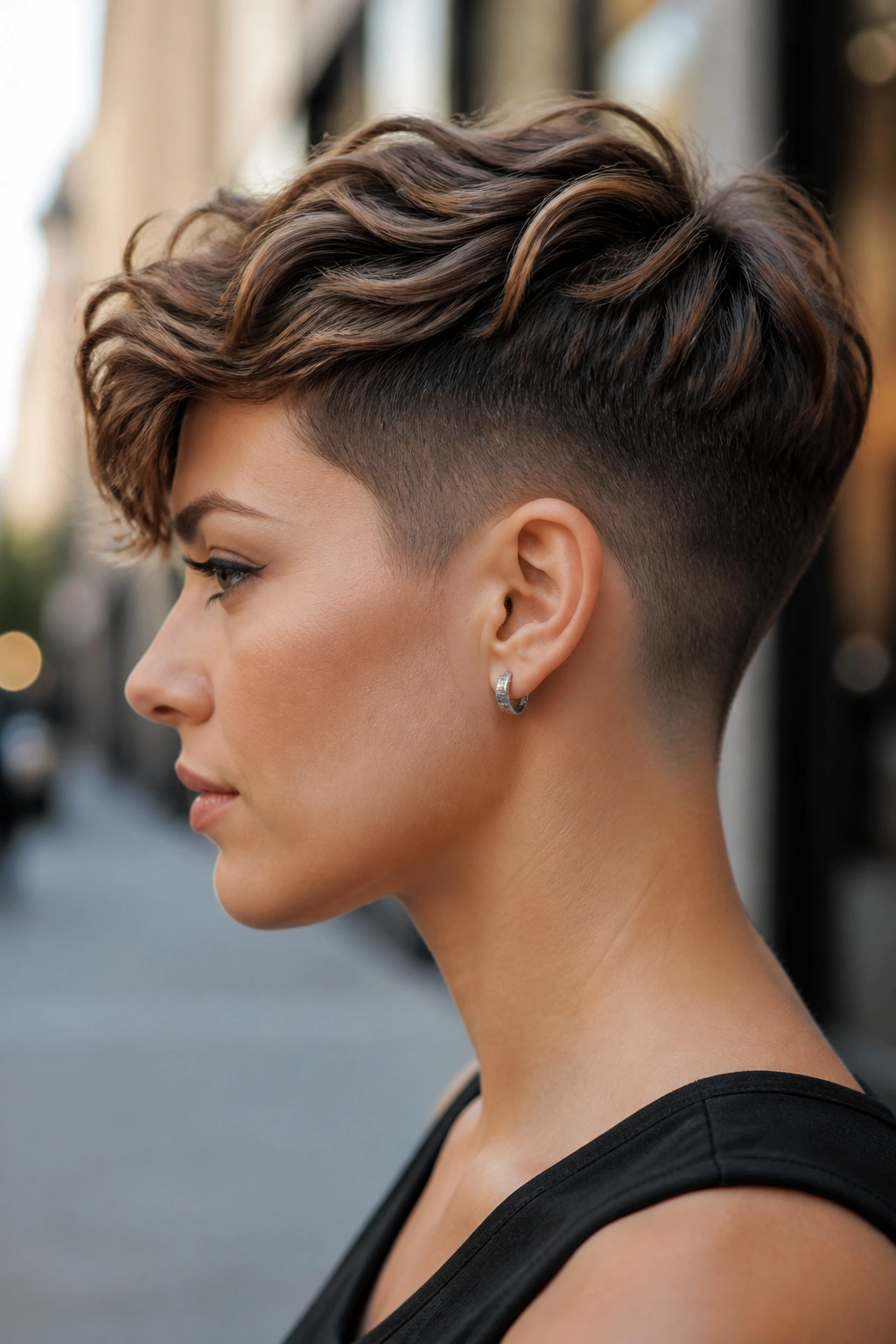 Undercut pixie hairstyle on a real person, side profile with undercut visible