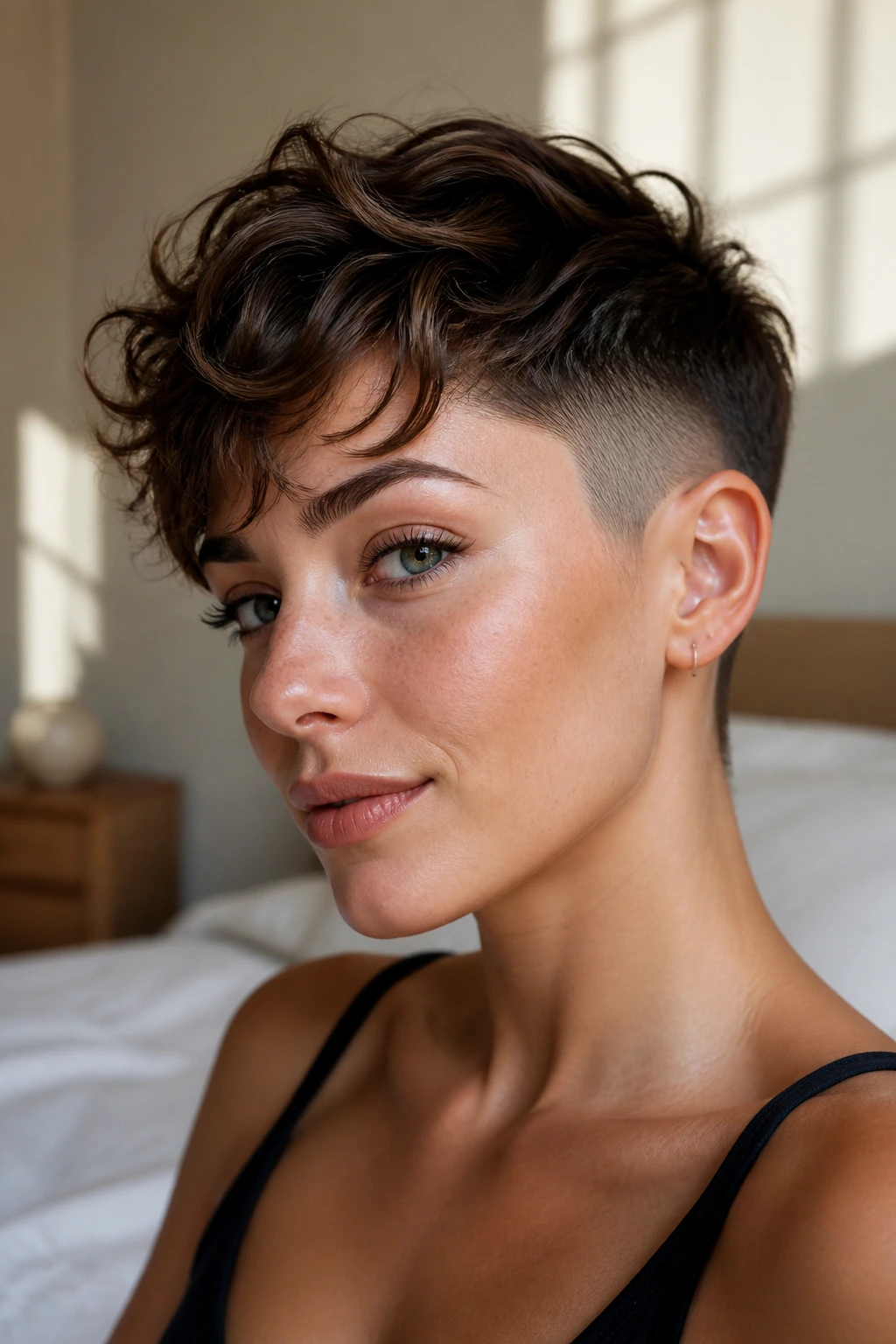 Close-up portrait of a real woman with an undercut pixie showing shaved sides and top length