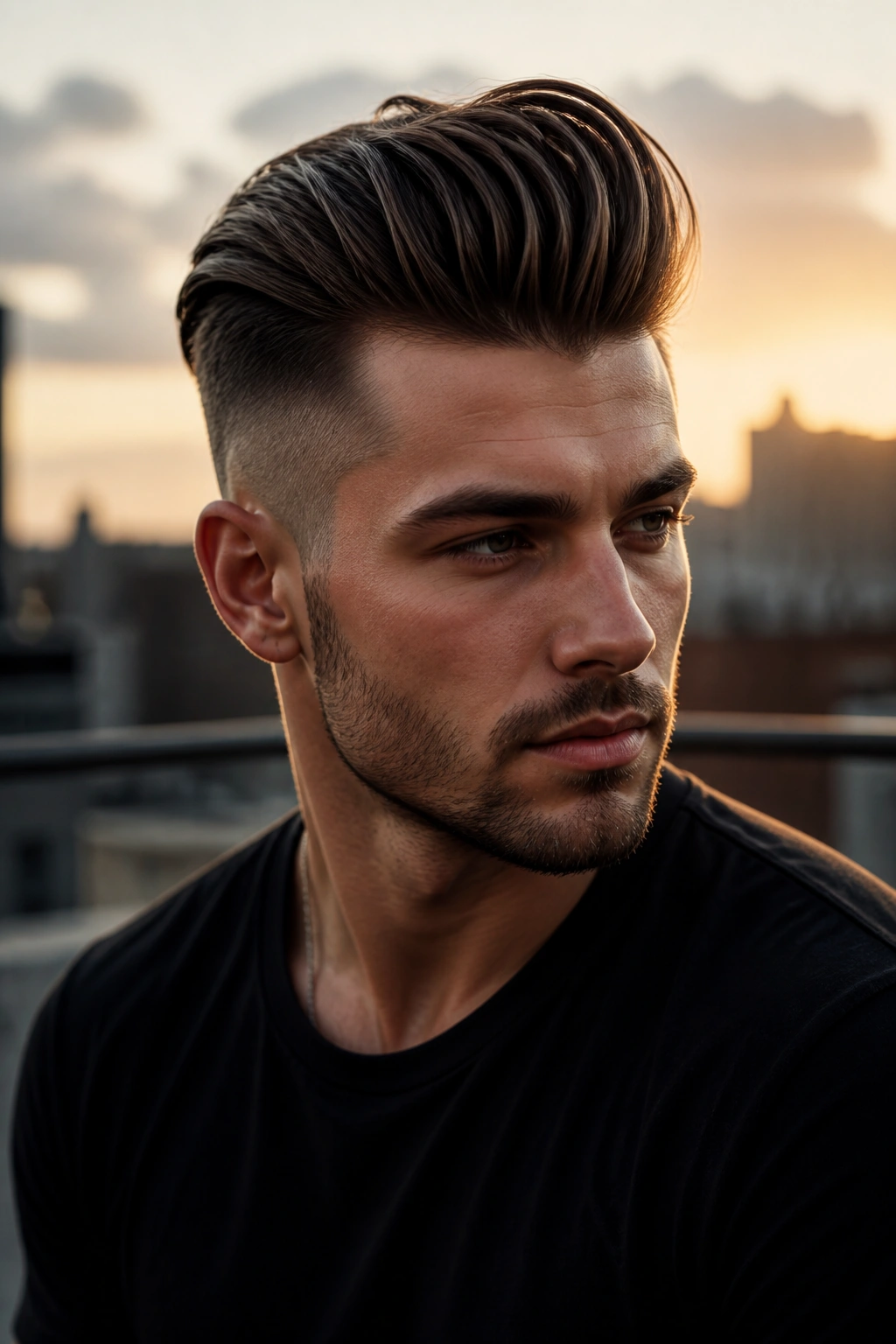 Portrait of a man with a tall pompadour undercut outdoors