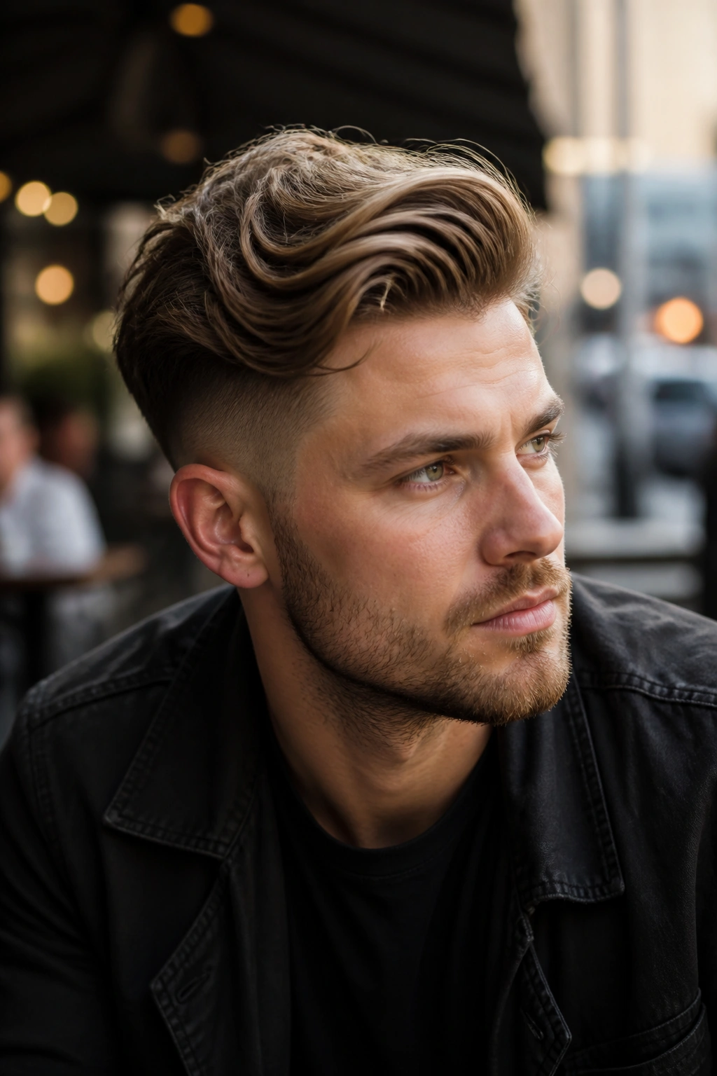 Close-up of a man with a bro flow undercut in natural daylight.