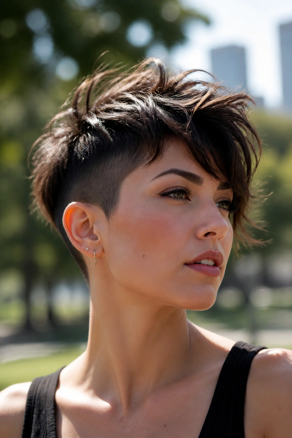 Close-up portrait of a woman with undercut shag crop and messy layers in natural light.