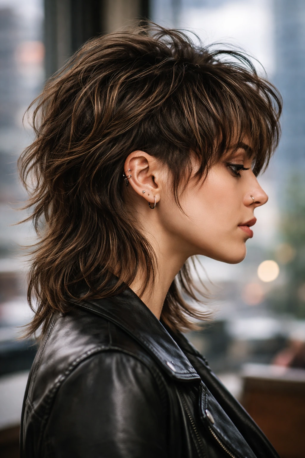 Side-profile of real woman with undercut detail under shag hair