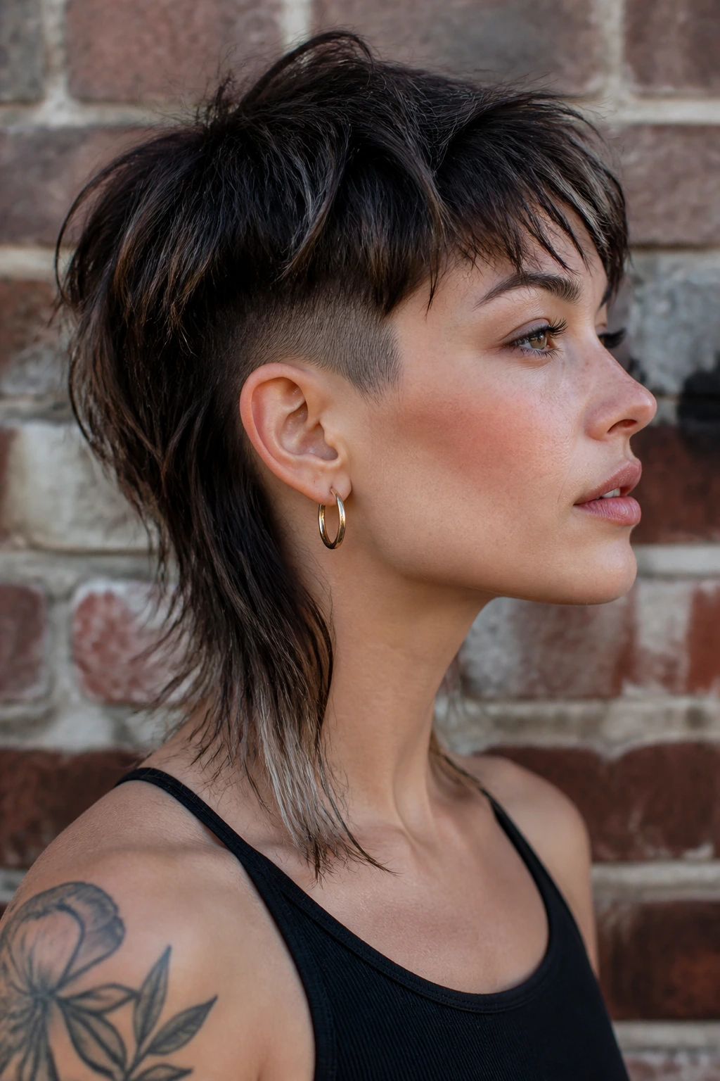 Close-up portrait of a real woman with an undercut shaggy mullet.