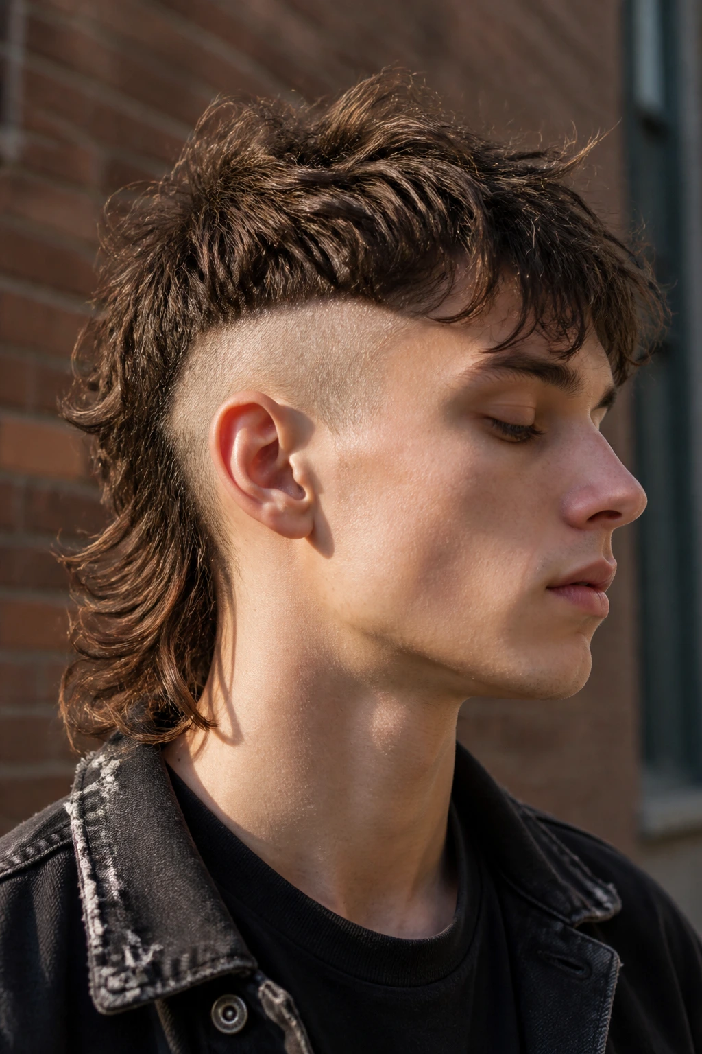 Close-up portrait of a real person with undercut shaggy mullet and shaved sides outdoors