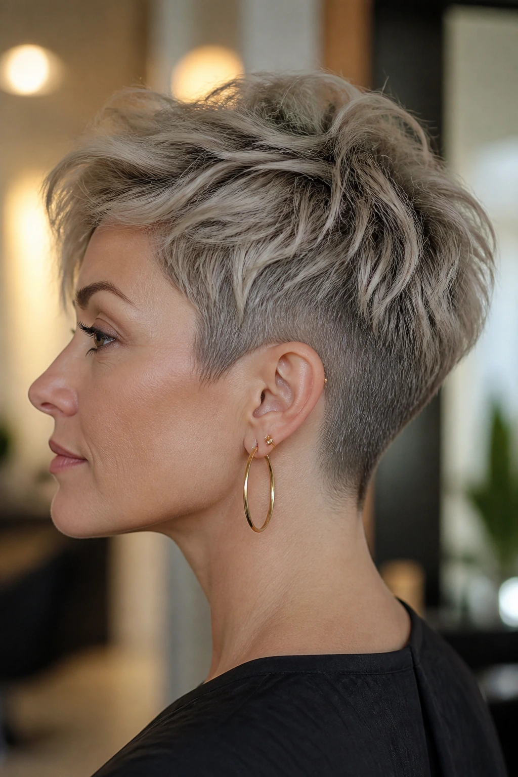 Side-profile of a real woman with an undercut shaggy pixie showing textured top.