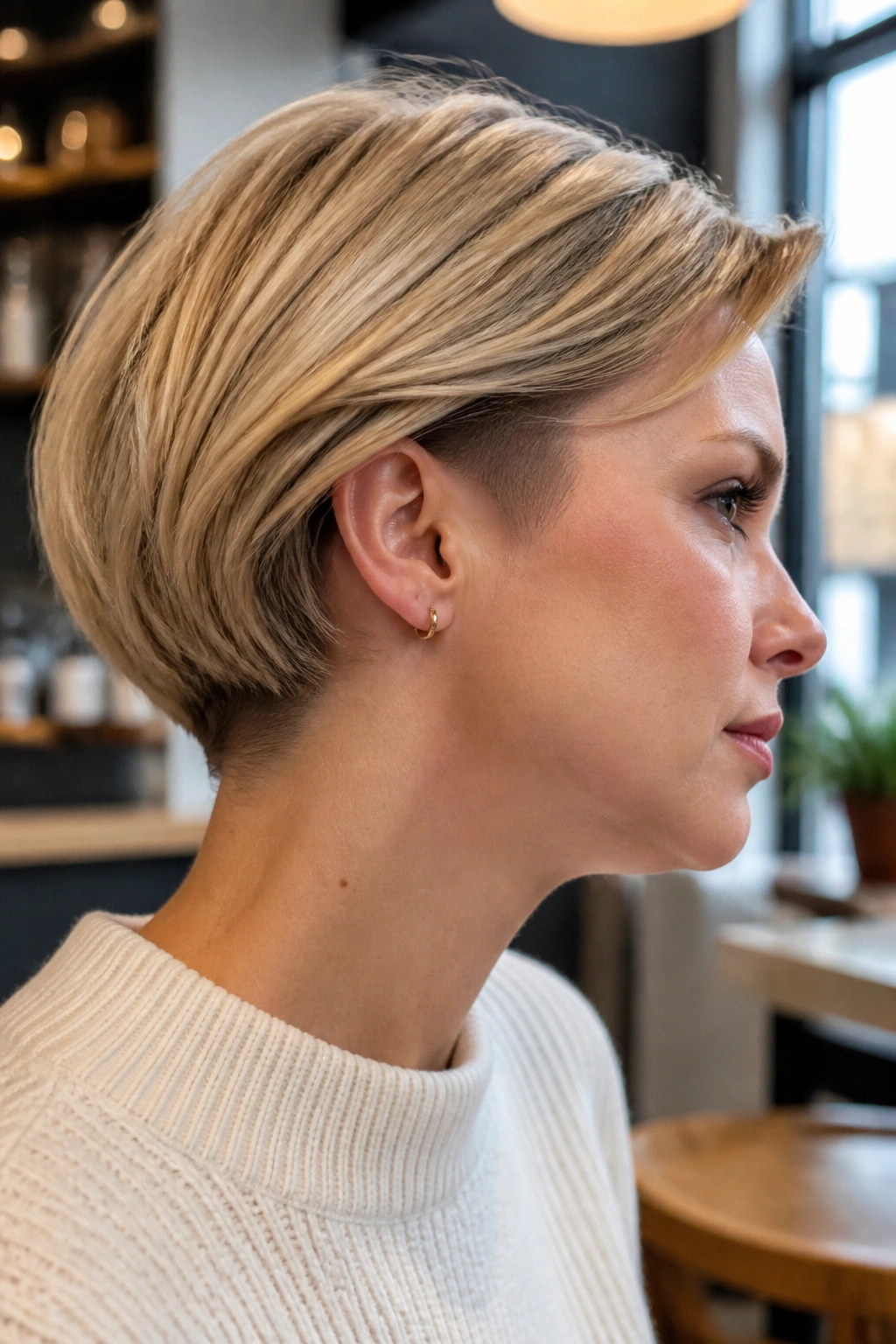 Close-up portrait of a real woman with a short bob featuring a subtle undercut in warm honey-blonde tones at a cafe setting
