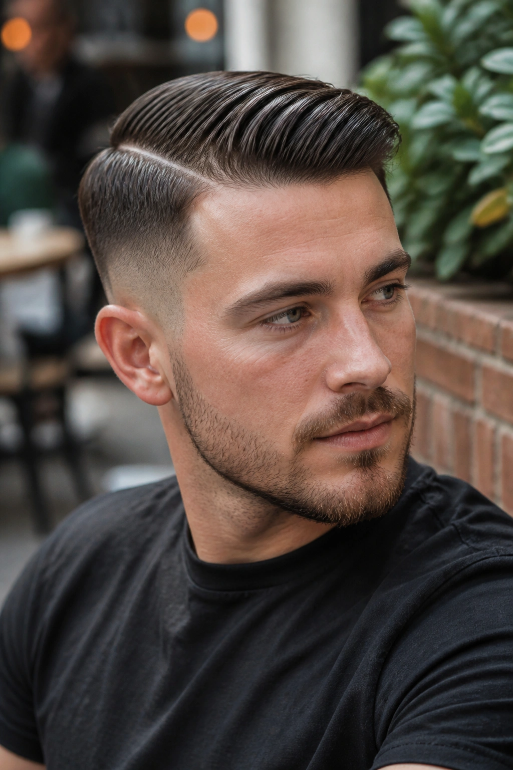 Portrait of a man with side part undercut and crisp part line