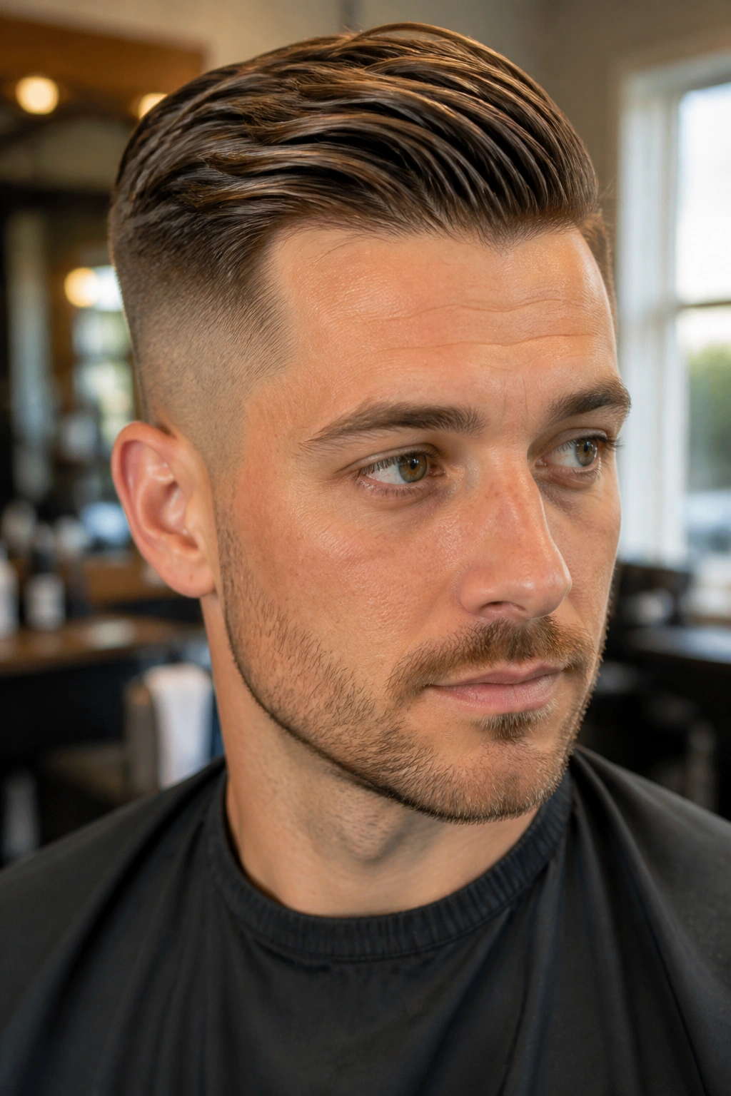 Close-up portrait of a man with a classic side-swept undercut, top swept to the side.