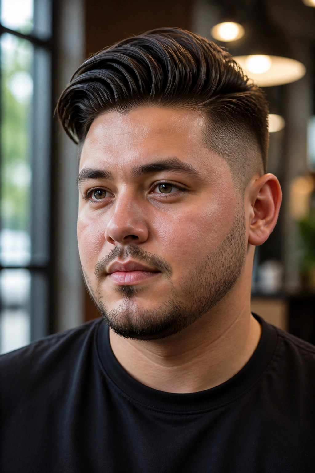 Close-up of a real man with a side-swept undercut and volume