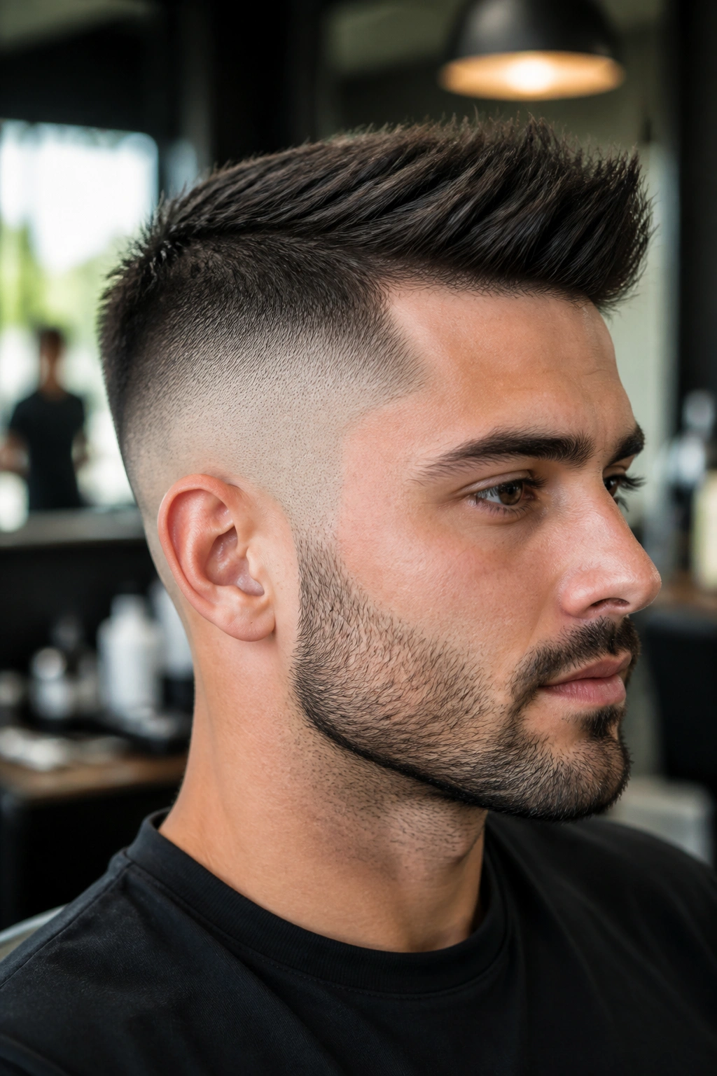 Close-up portrait of a man with a skin fade undercut in a barbershop setting