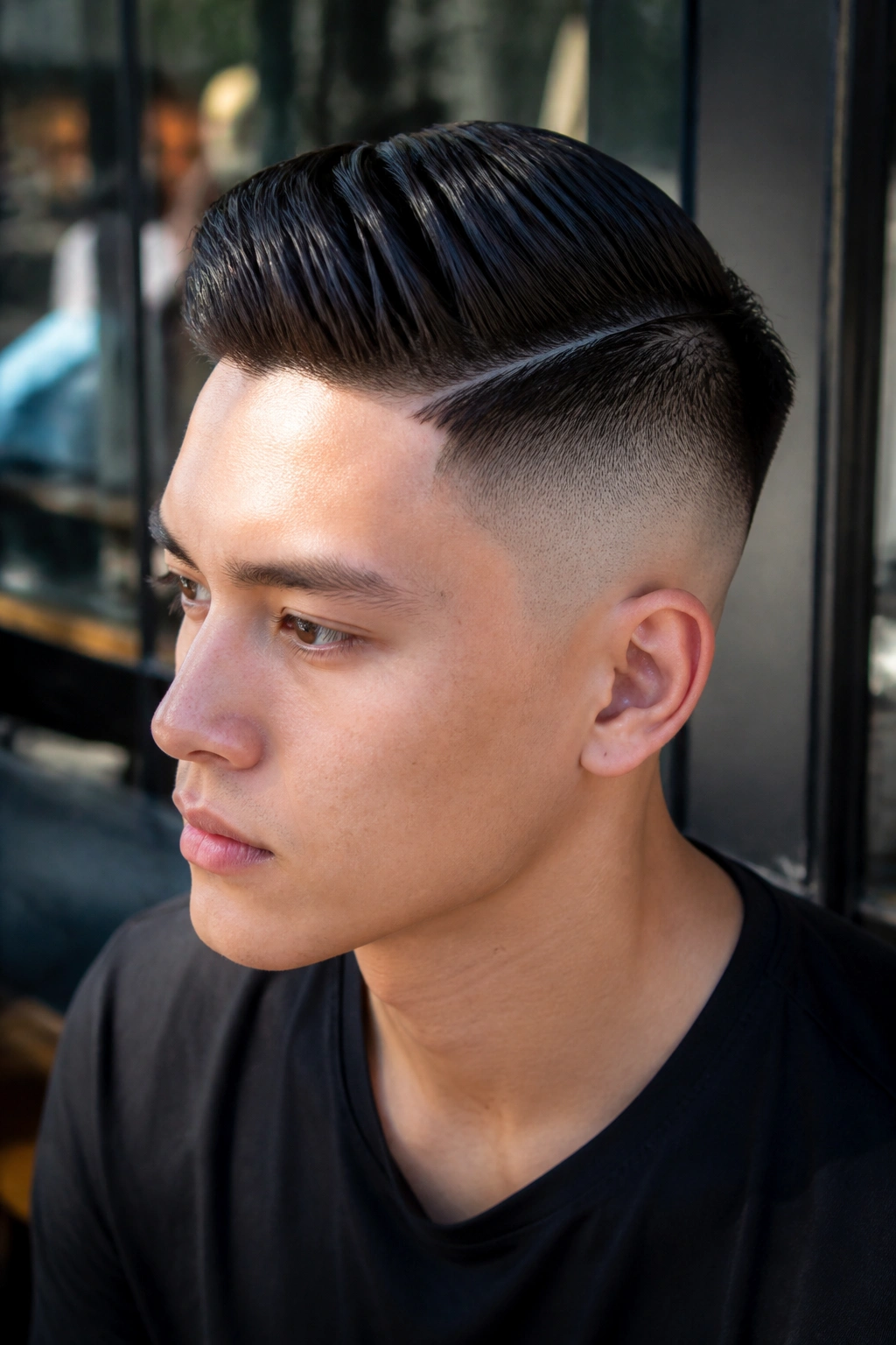 Portrait showing skin fade undercut with a textured top in natural light.