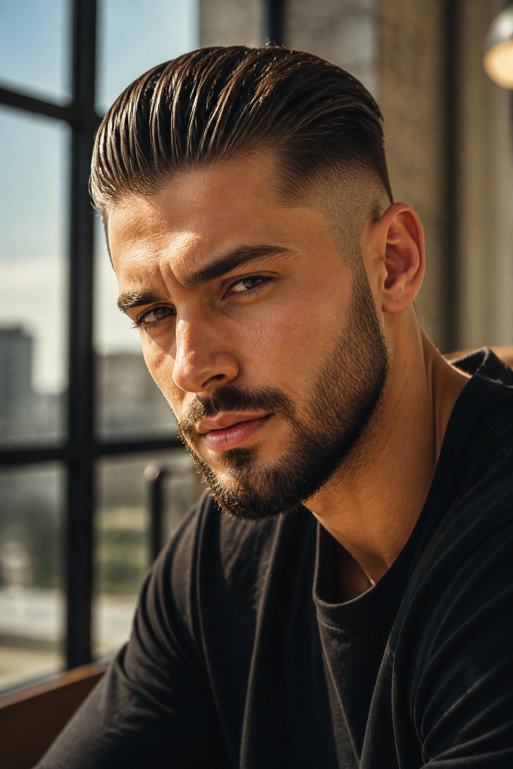Portrait of a man with a slick back undercut, top brushed back and sides short.