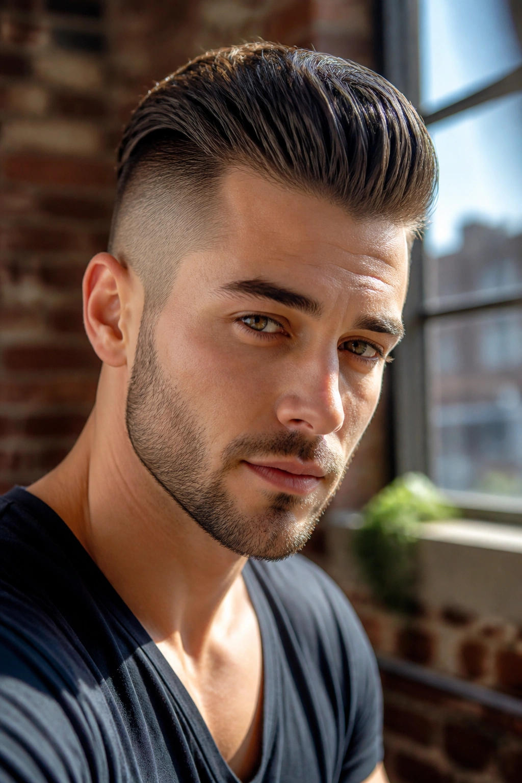 Close-up portrait of a real man with a slicked-back undercut and lift