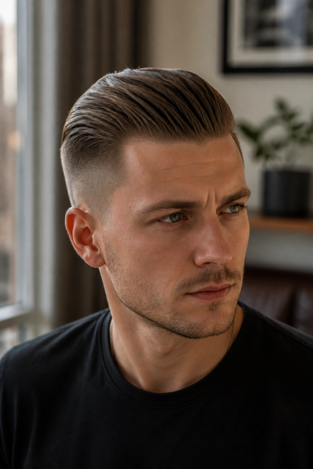 Close-up portrait of a man with a slicked-back short undercut in an urban interior