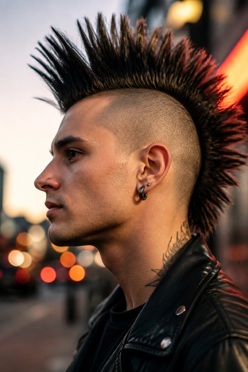 Close-up profile of real person with undercut spiky mohawk