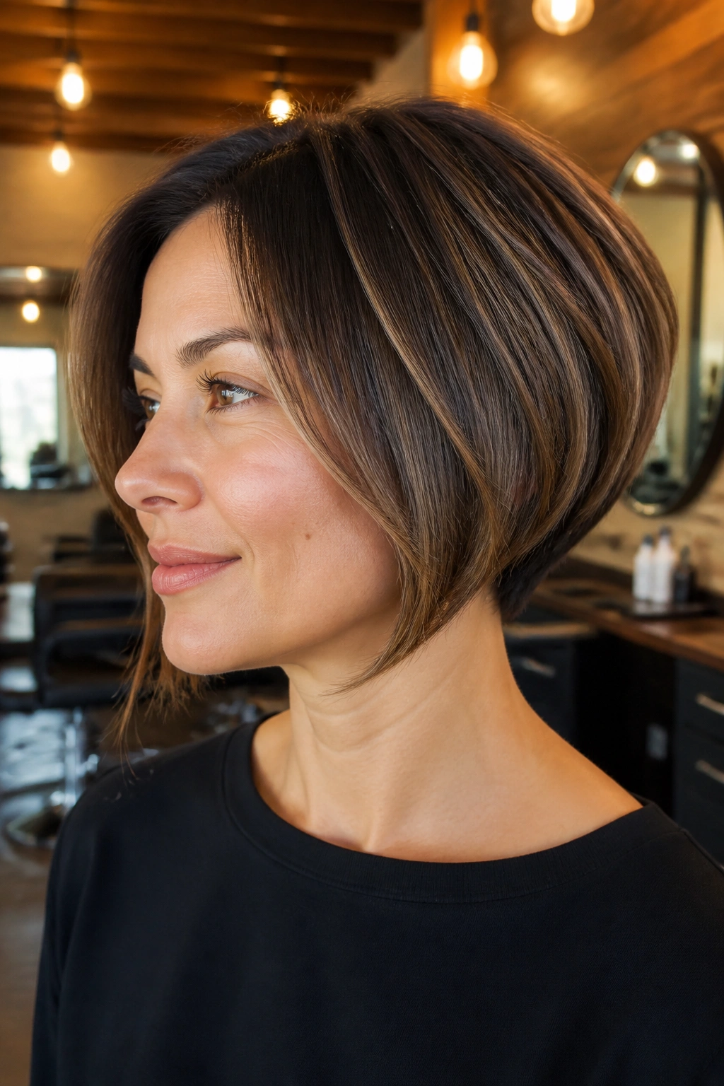Close-up of real woman with hidden undercut stacked bob