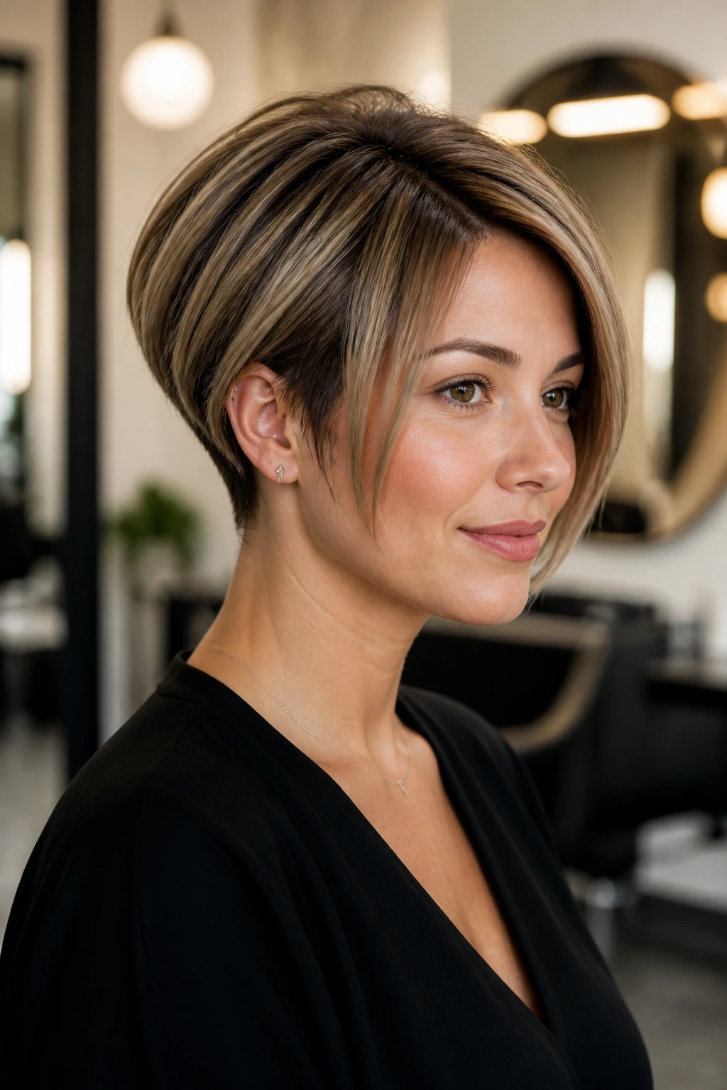 Three-quarter view of a real woman with an undercut stacked bob and hidden nape undercut.