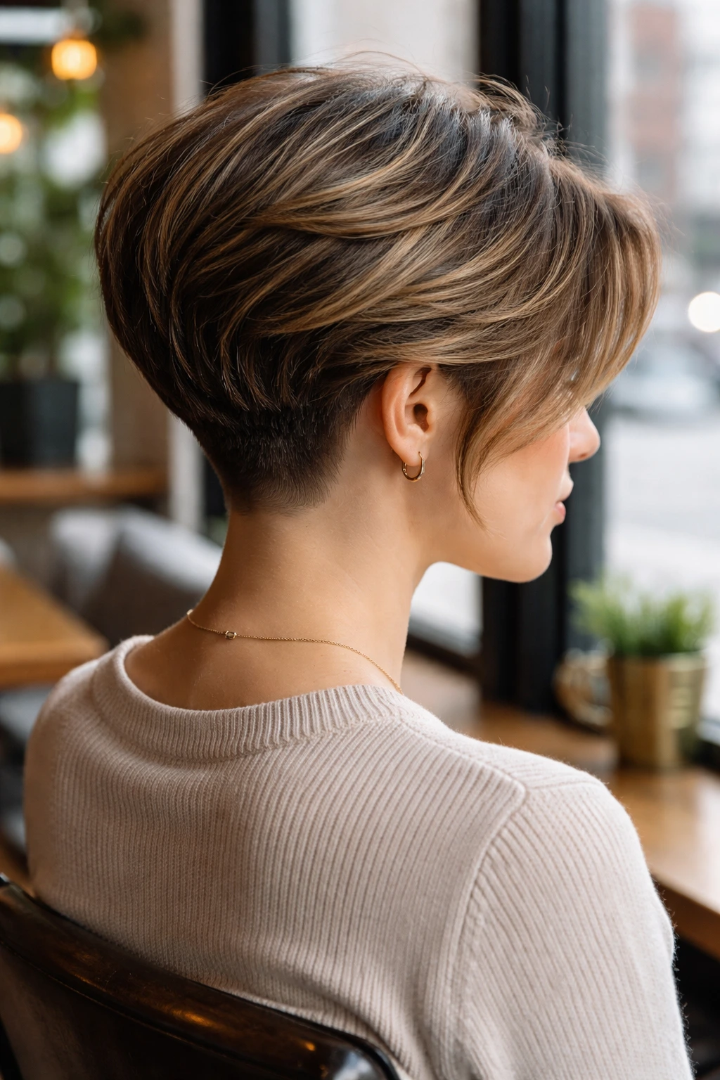 Close-up of a real woman with undercut and stacked crown hairstyle in cafe daylight
