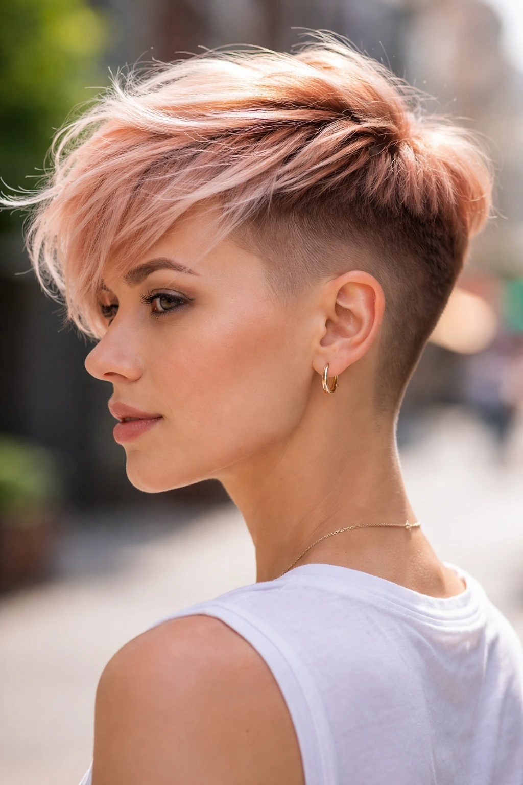 Profile portrait of a real woman with a disconnected undercut and strawberry roots.