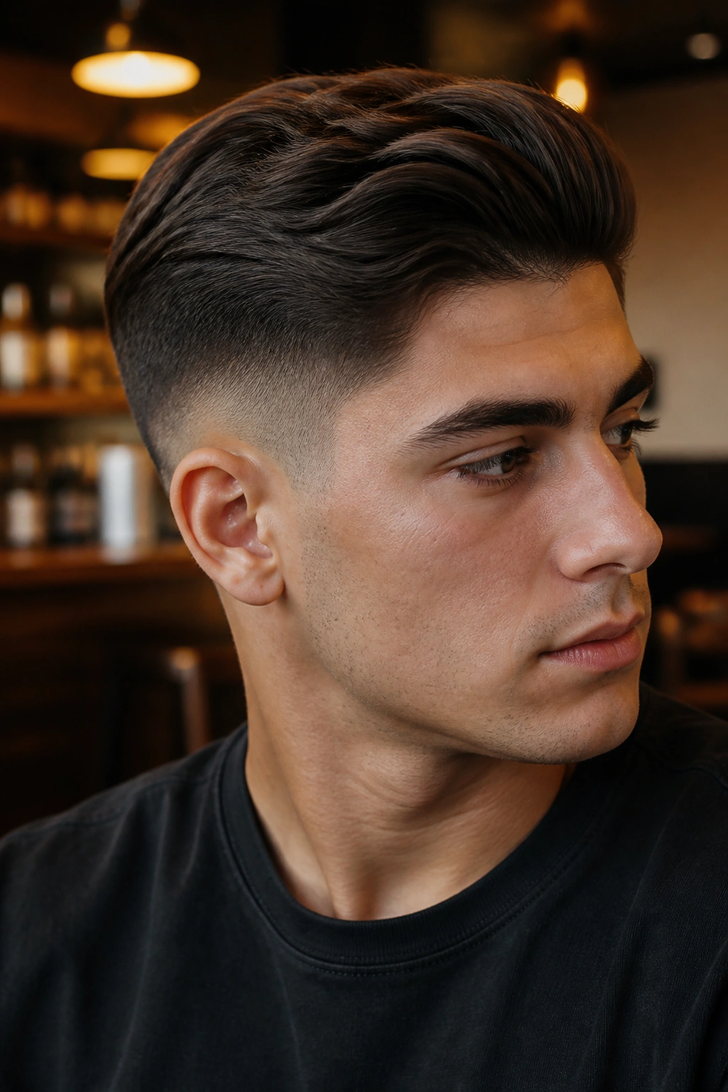 Portrait of a real person with a tapered undercut and longer top in a cafe setting.