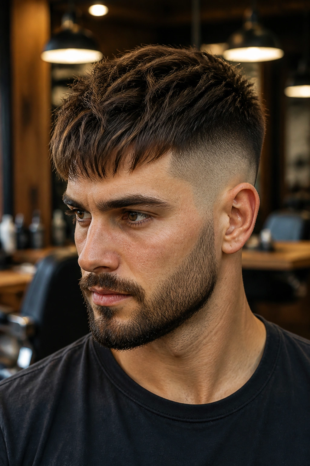 Portrait of a man with textured crop undercut showing jagged top layers