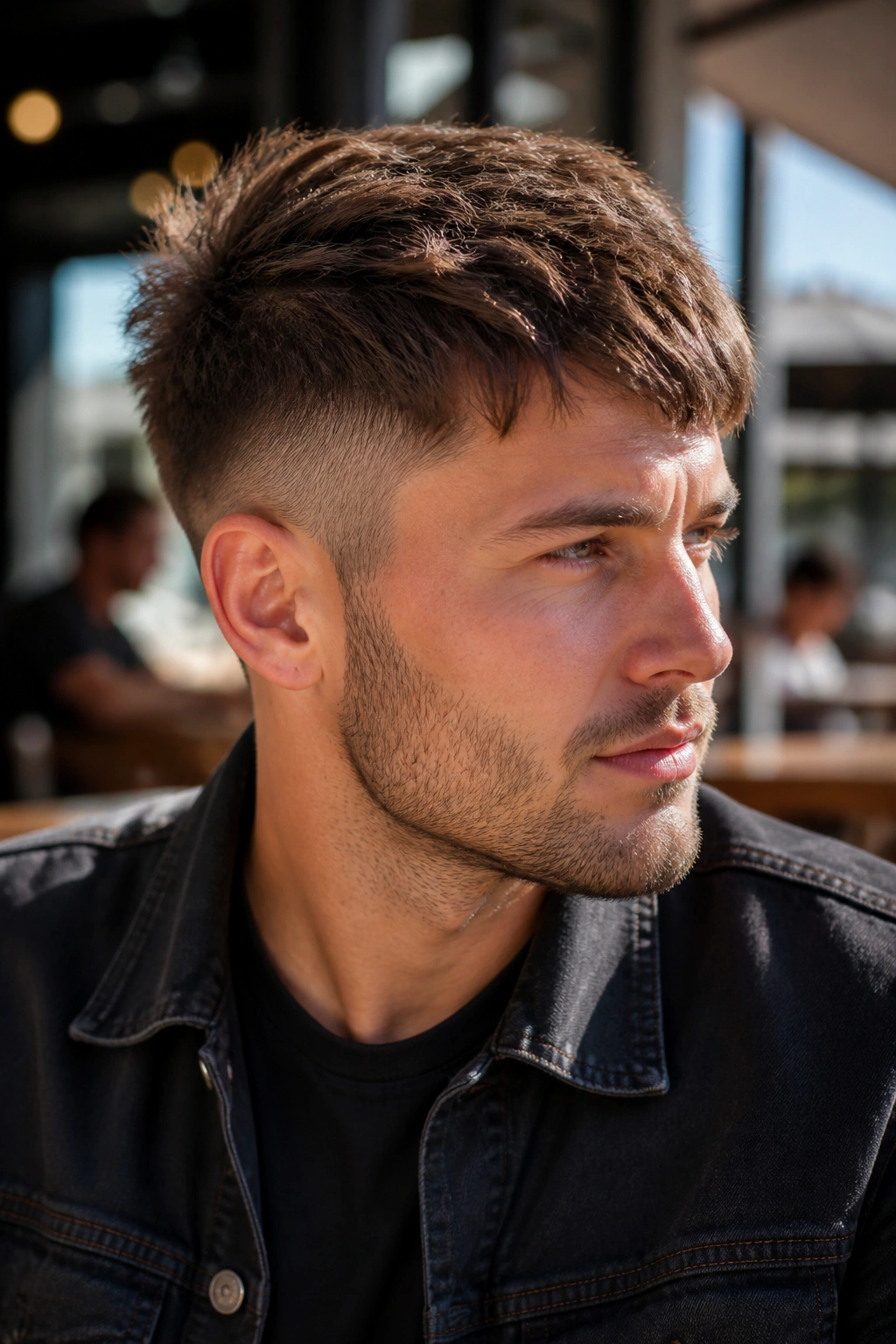 Portrait of a man with a textured crop undercut showing chopped top texture.