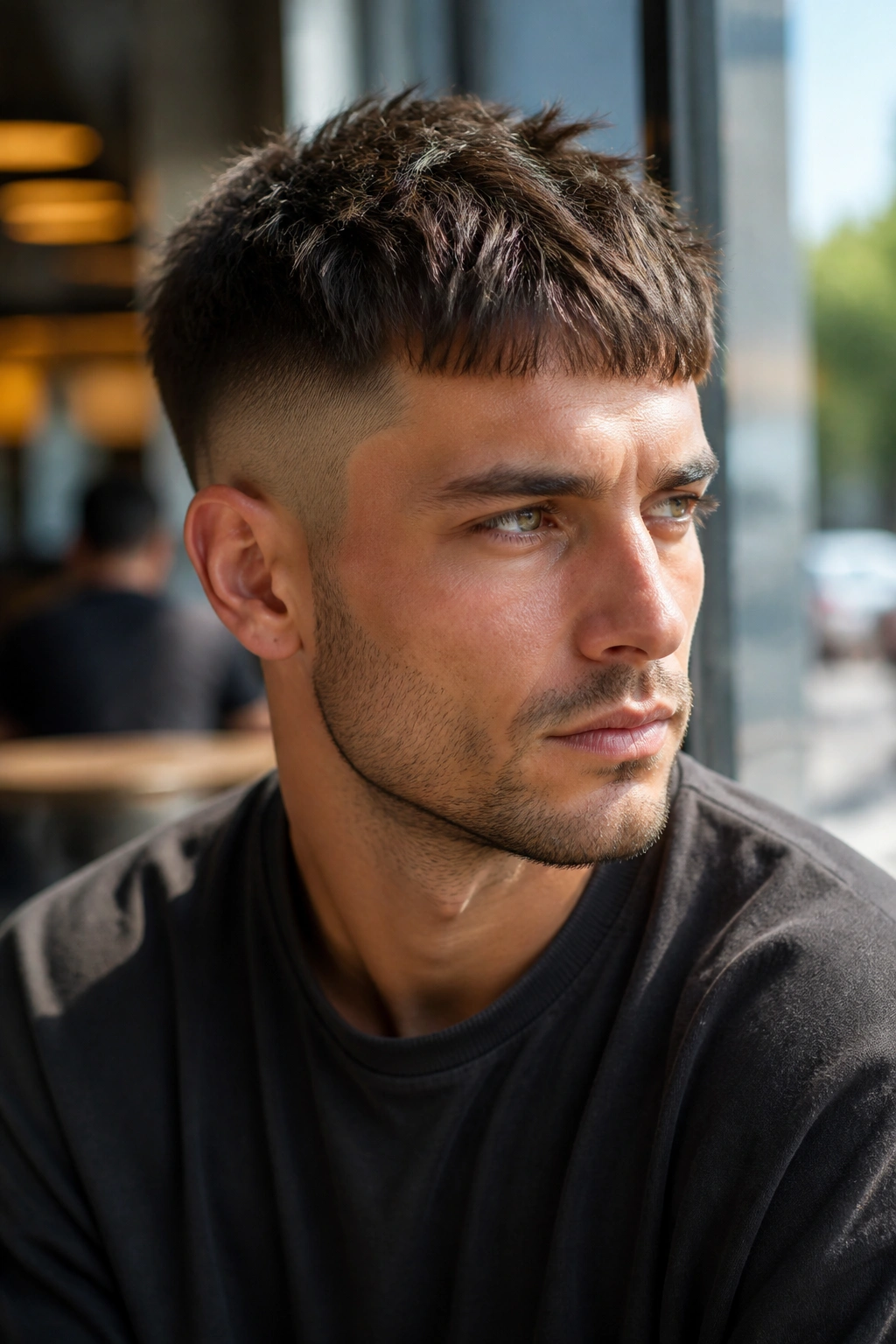 Close-up portrait of a man with a textured crop undercut in a cafe setting