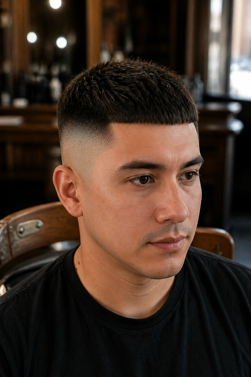Close-up of a real man with a high fade textured crop undercut in a barbershop