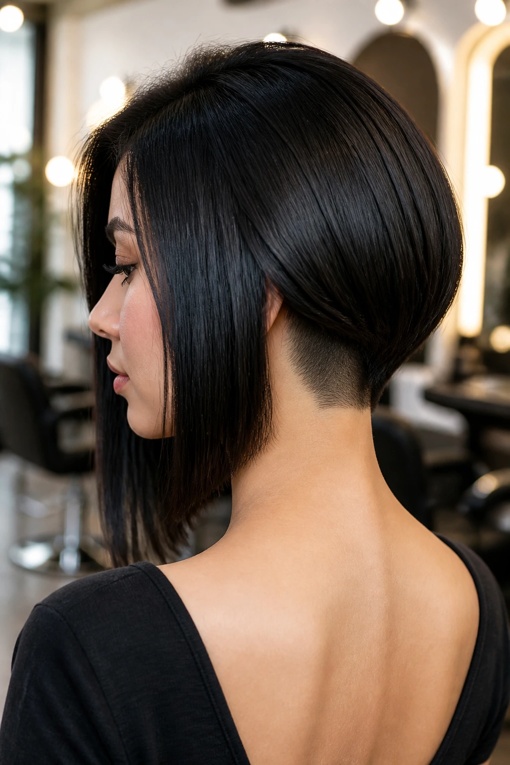 Close-up of a real woman with long black bob and hidden undercut at the nape