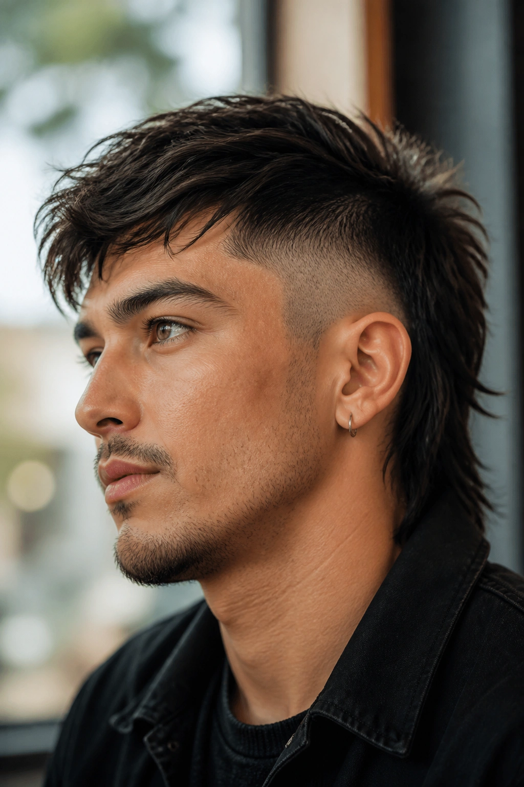 Close-up portrait of a real man with an undercut wolf cut in warm cafe window light