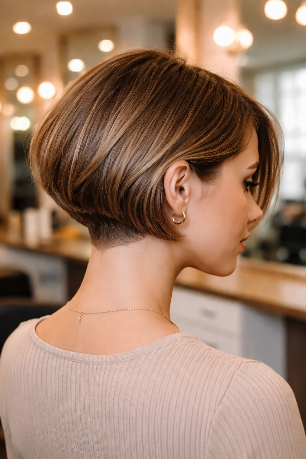 Portrait of a real woman with soft undercut at the nape beneath the bob