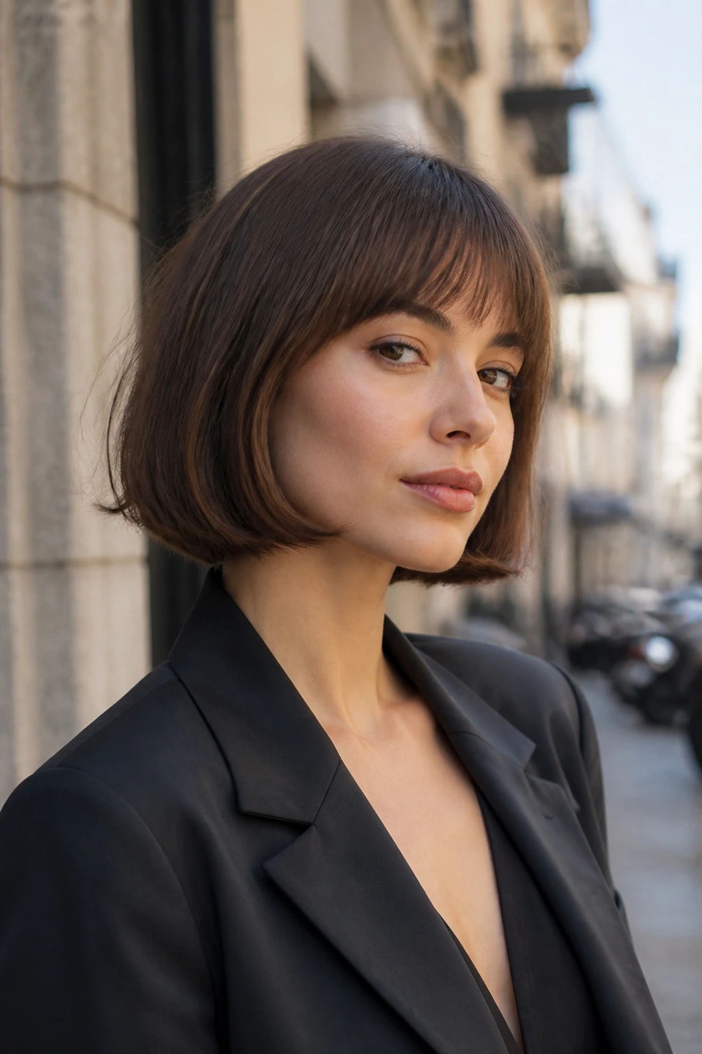 Portrait of a real woman with a French bob that flips under at the ends