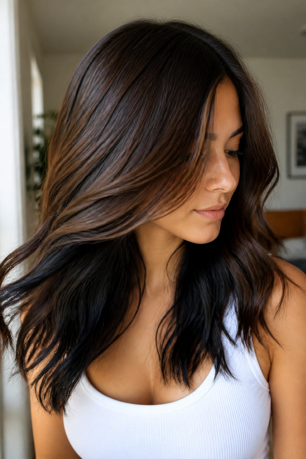Portrait highlighting a hidden black underlayer balayage seen as hair moves