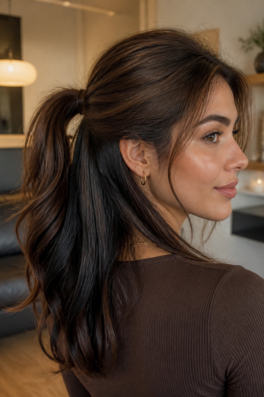 Profile portrait showing a ponytail reveal with a black underlayer and brown top layer