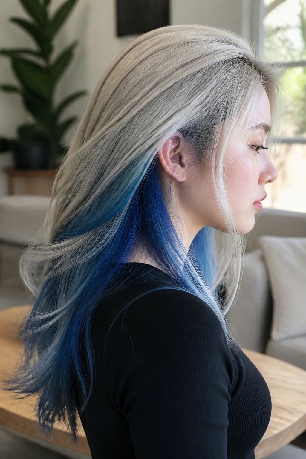 Portrait of a real woman showing blue underlayer under pale top layer in long hair