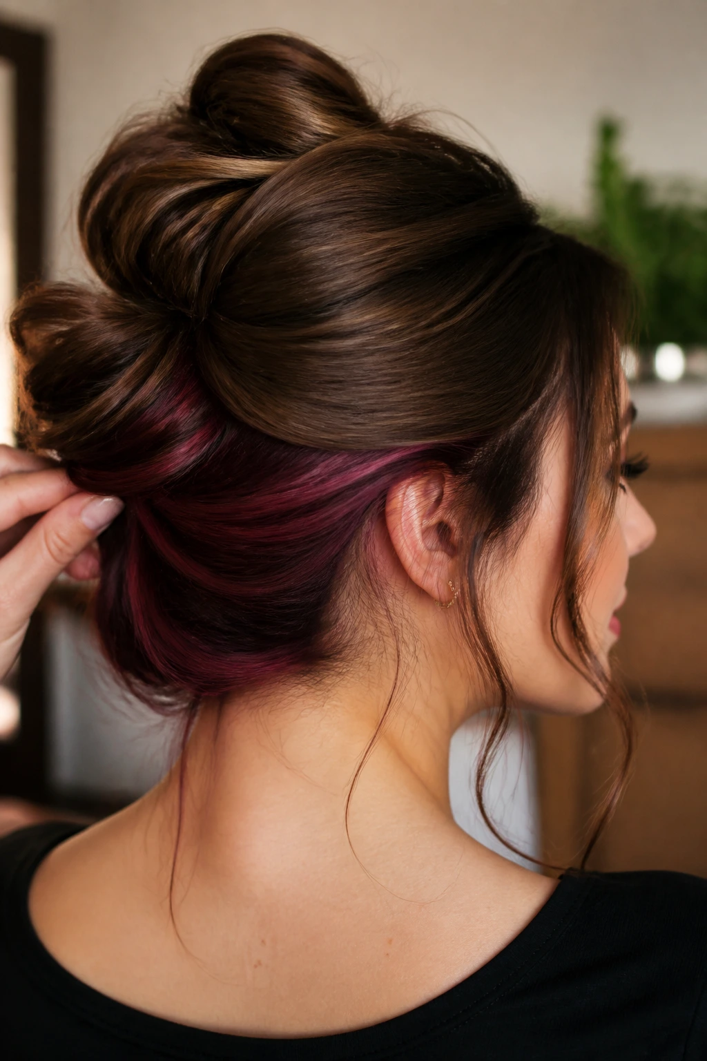 Updo showing underlayer burgundy highlights on brunette hair