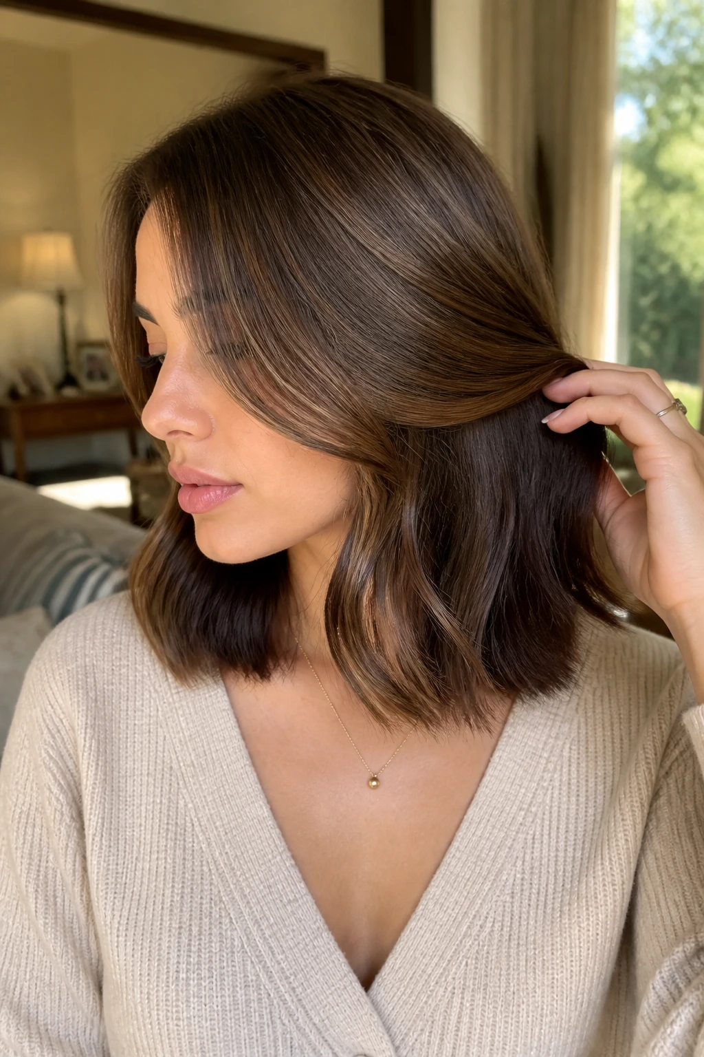 Close-up of brunette with hidden underlayer chocolate lowlights visible beneath the top hair.