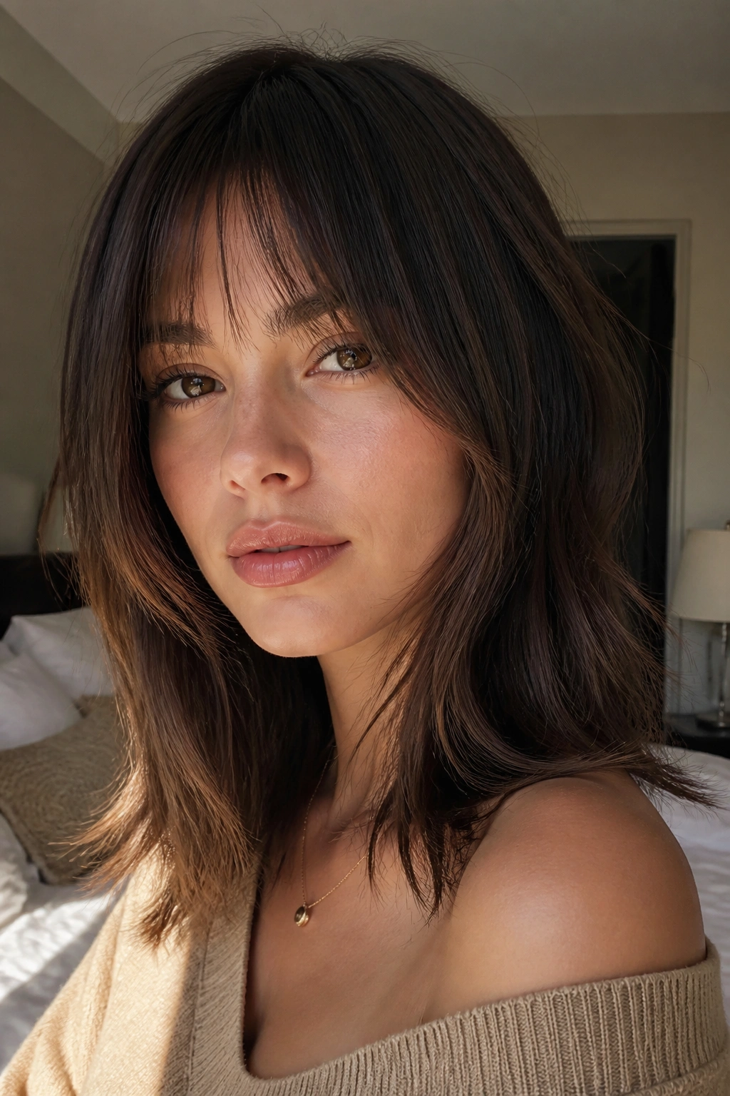 Close-up of a real woman with underlayer fringe peeking out