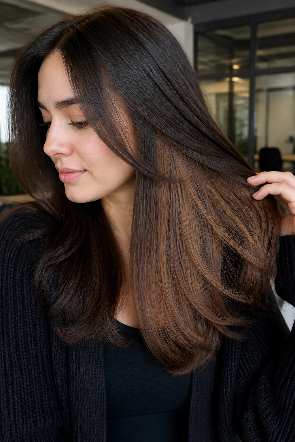 Portrait of a real woman showing hidden underlayer hazelnut panels peeking through as hair moves.